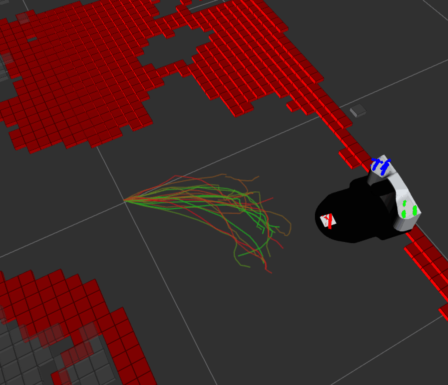 MPPI rollouts scored against the costmap, top 20 shown.